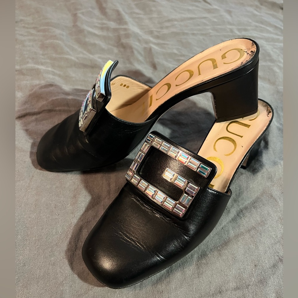 Gucci— Madelyn Malaga Crystal Square G Leather Mules 35 / 36 Block Heel